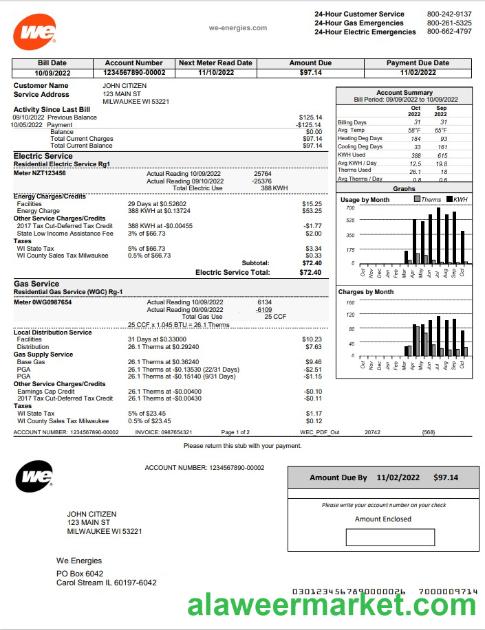 USA Wisconsin We Energies electricity utility bill template in Word and PDF format